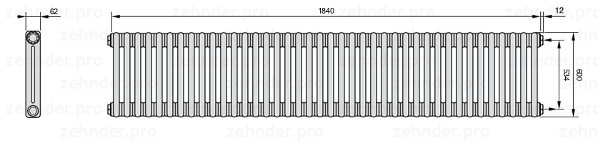 Схема (чертеж) Радиатор Zehnder Charleston 2060/40 №7610 Белый глянцевый RAL 9016